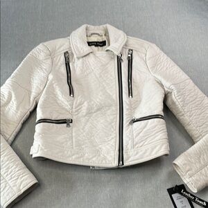 NWT White Moto Jacket Faux Leather Alternative Small Asymmetrical Zipper Vegan